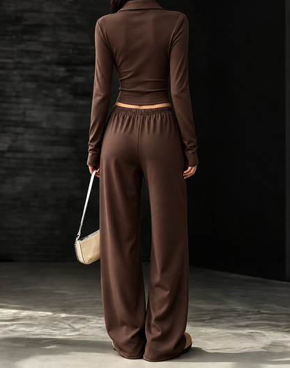 Long-Sleeve Polo Top and Wide-Leg Pants Set