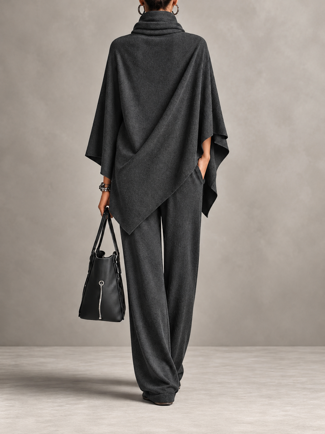 Full Size Turtleneck Poncho and Wide-Leg Pants Set( Plus Size included)