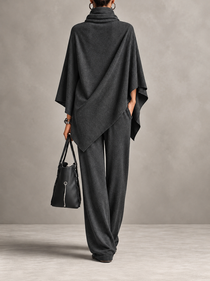 Full Size Turtleneck Poncho and Wide-Leg Pants Set( Plus Size included)