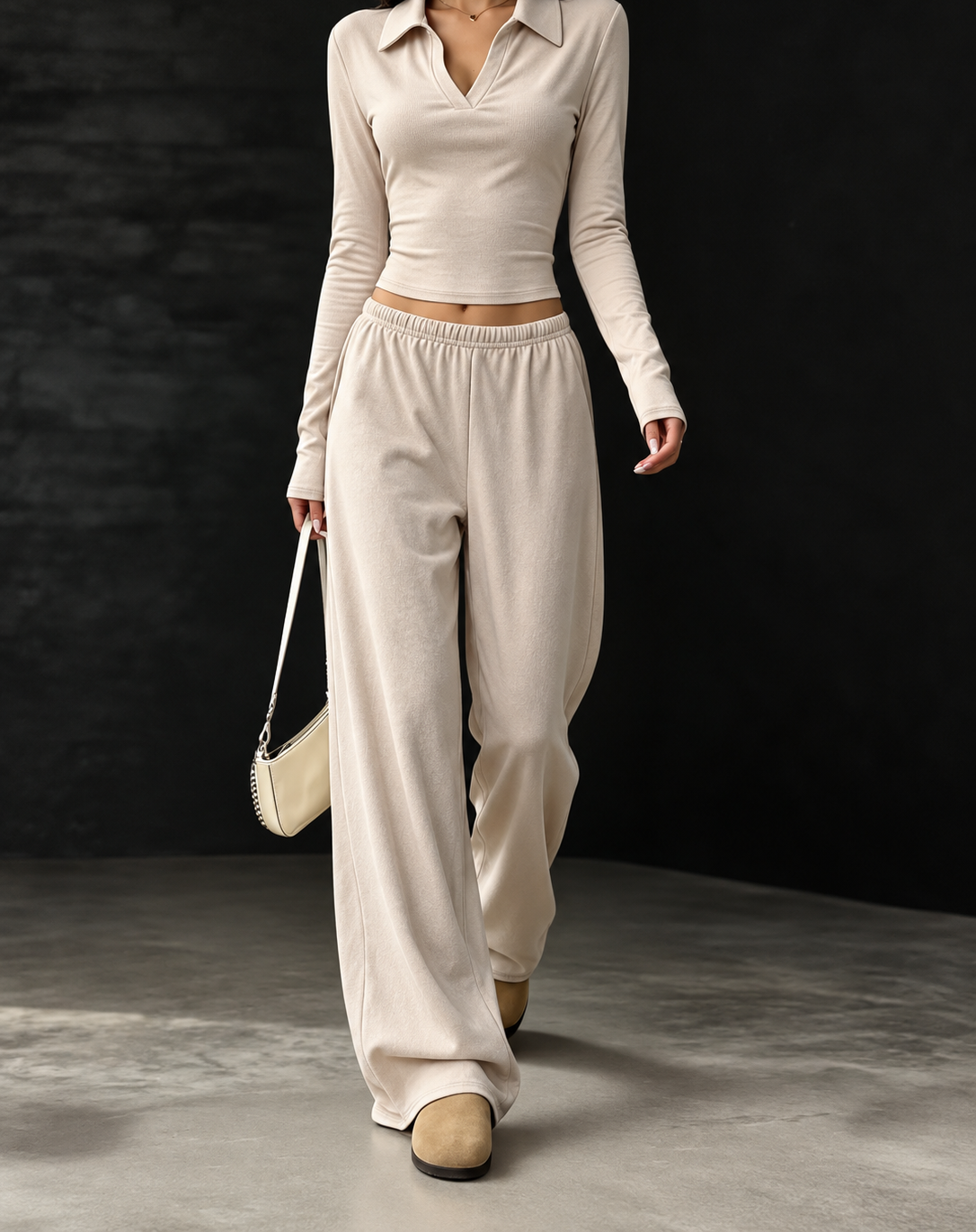 Long-Sleeve Polo Top and Wide-Leg Pants Set