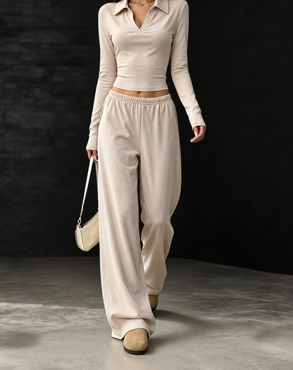 Long-Sleeve Polo Top and Wide-Leg Pants Set