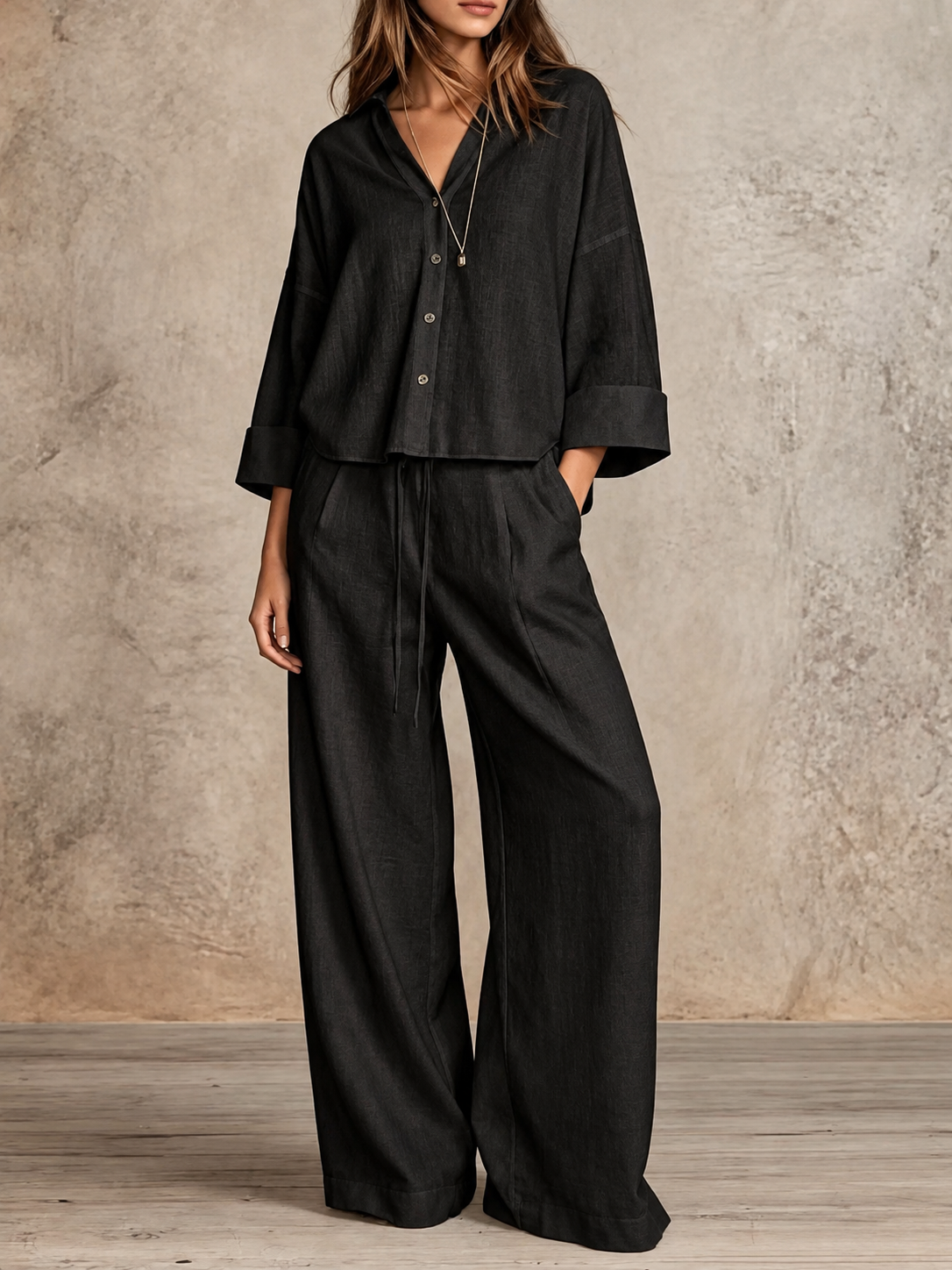 Full Size Button-Down Shirt and Wide-Leg Pants Set (Plus Size included)