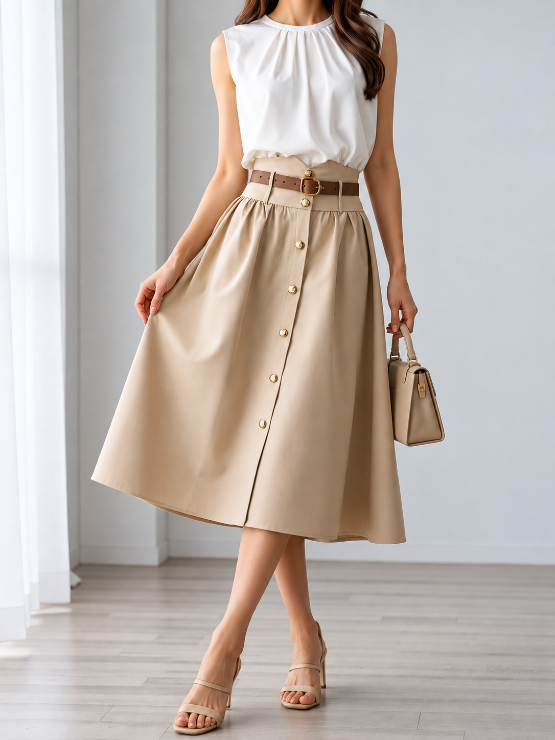 High-Waisted A-Line Midi Skirt