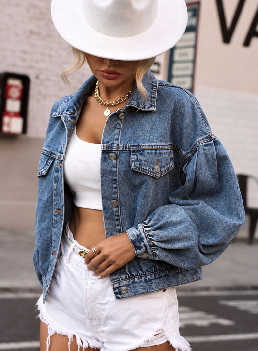 Collared Neck Dropped Shoulder Denim Top
