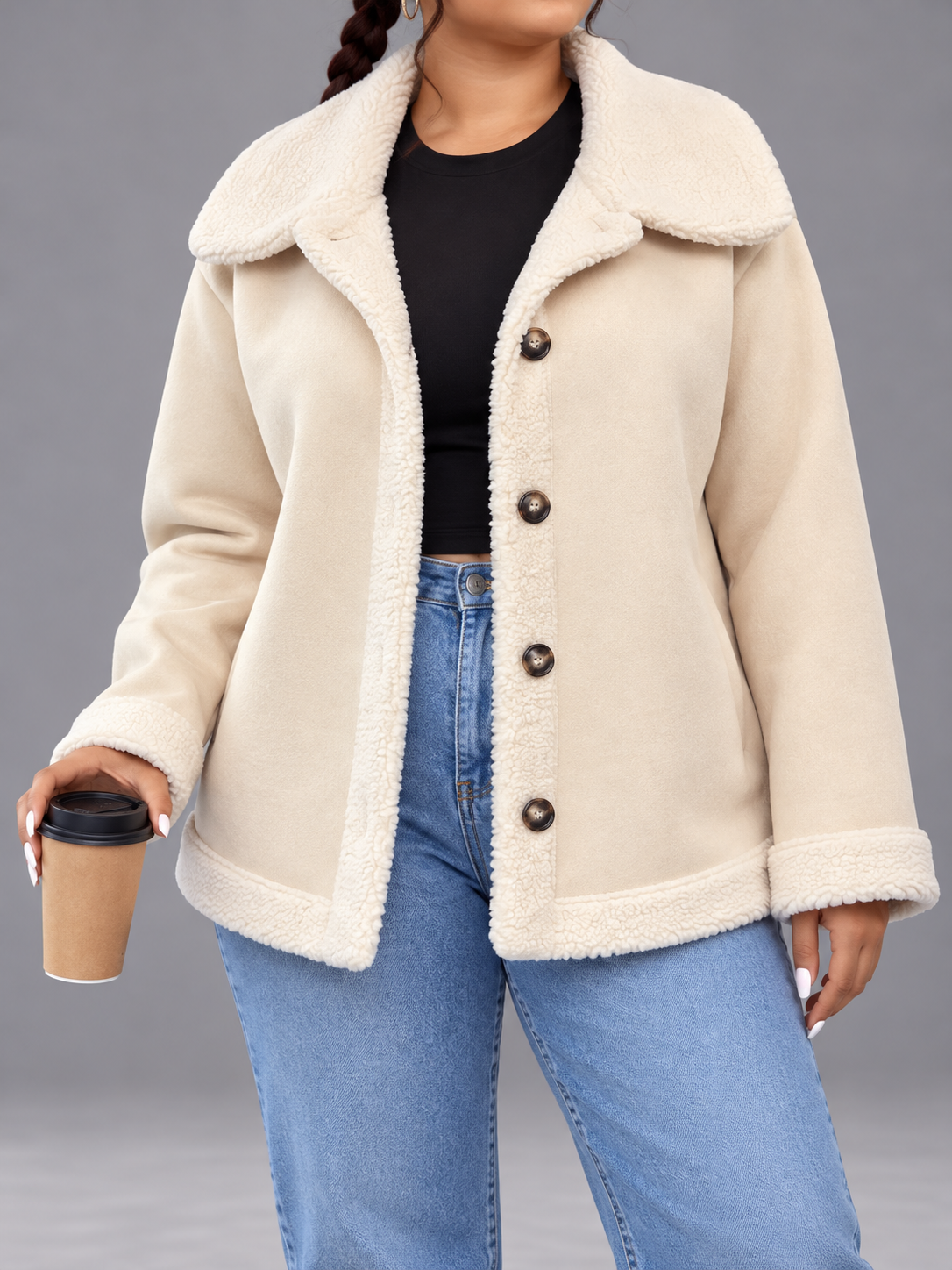 Plus Size Fleece Button-Down Outerwear