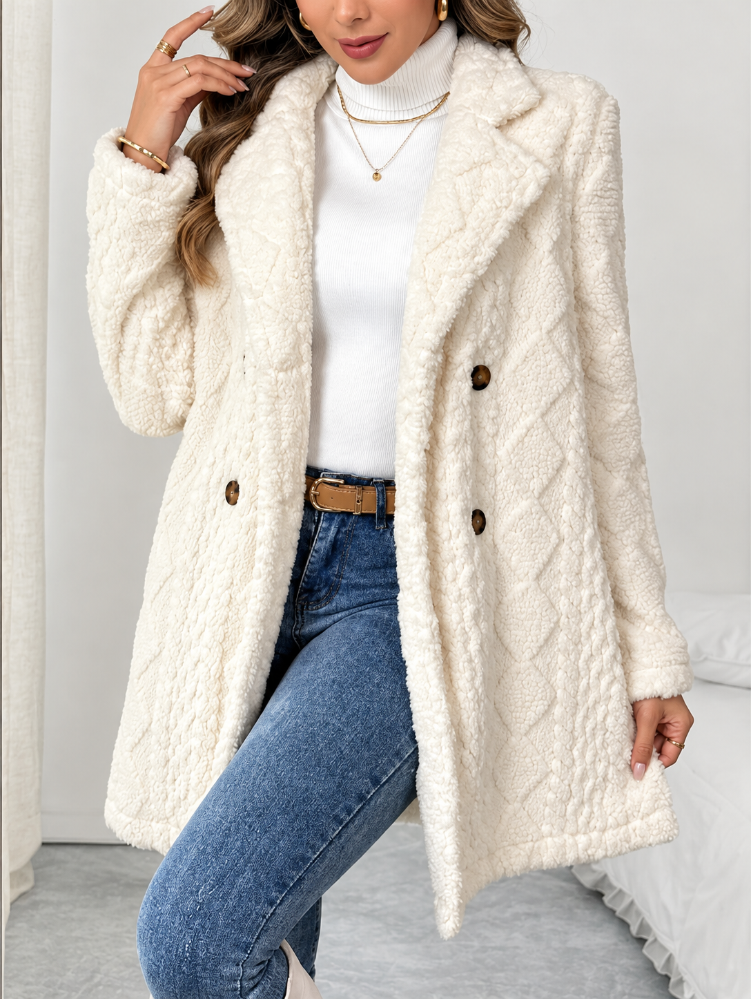 Fleece Double-Breasted Longline Coat