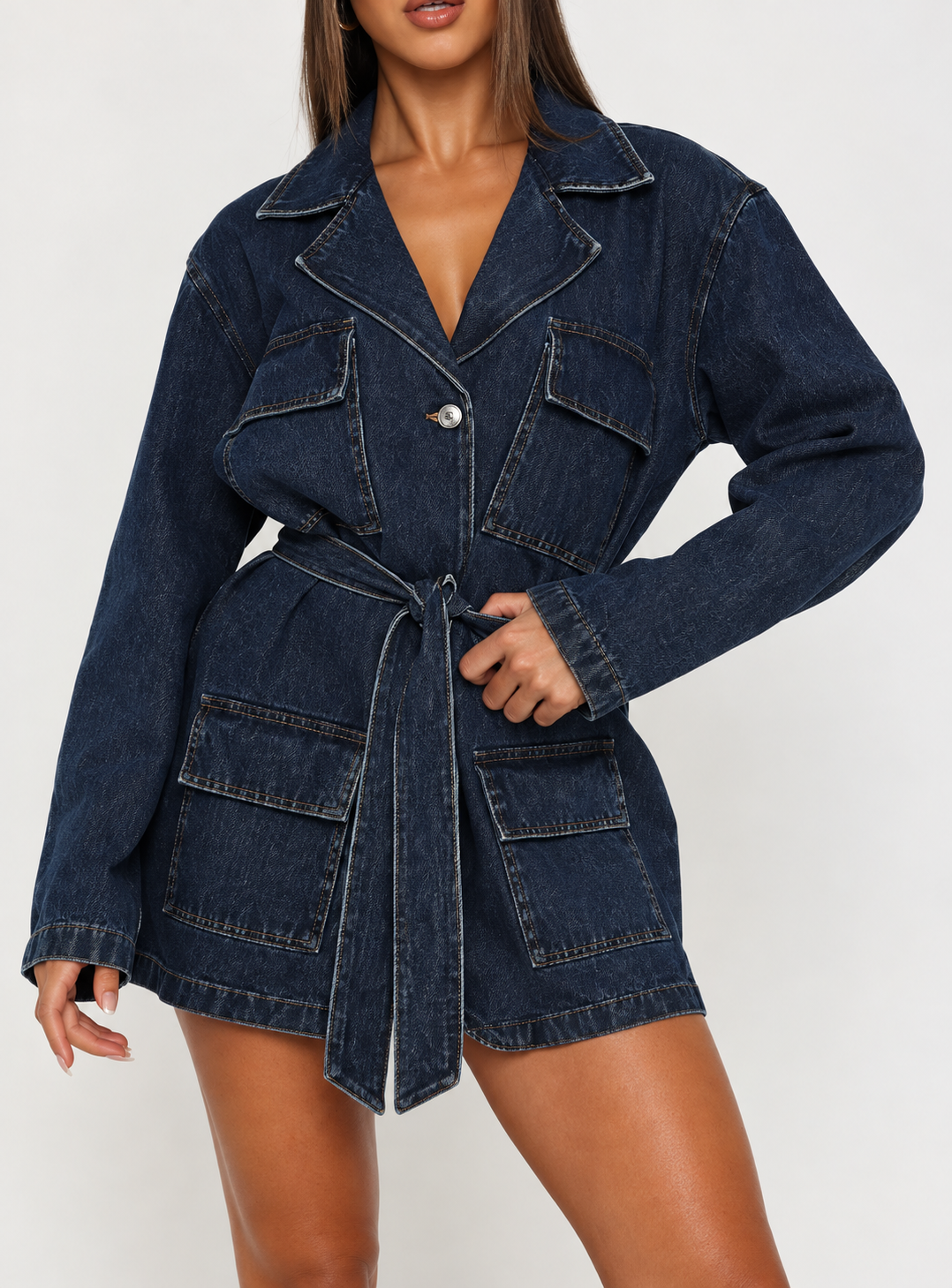 Long Sleeve Longline Denim Jacket with Belt
