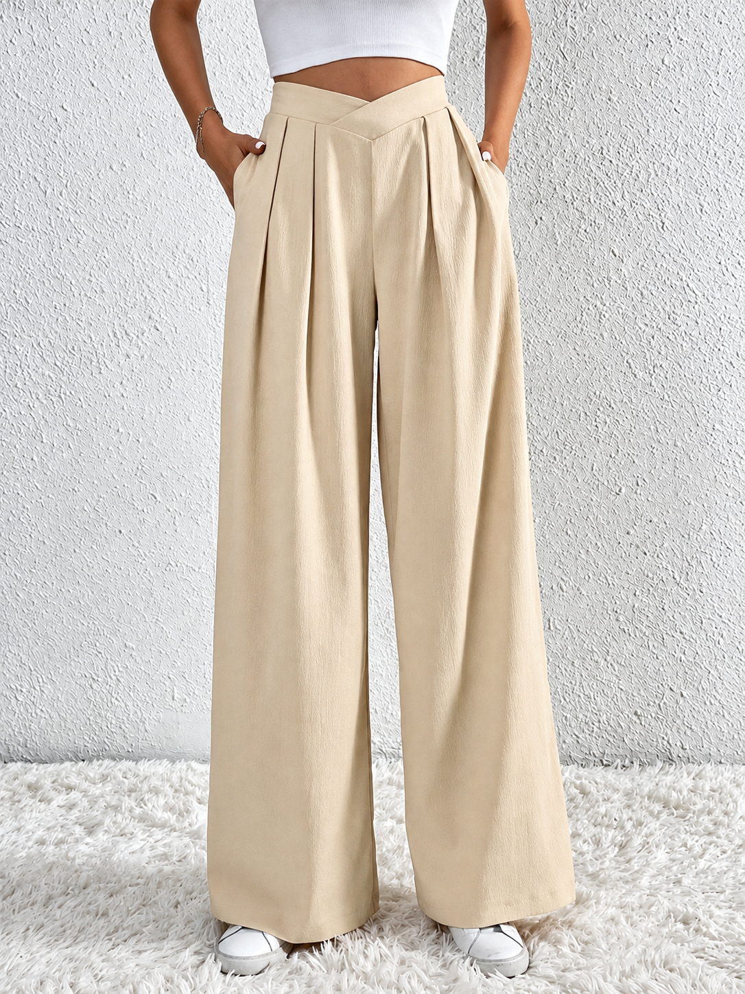 V-Waisted Ruched Front Wide Leg Pants