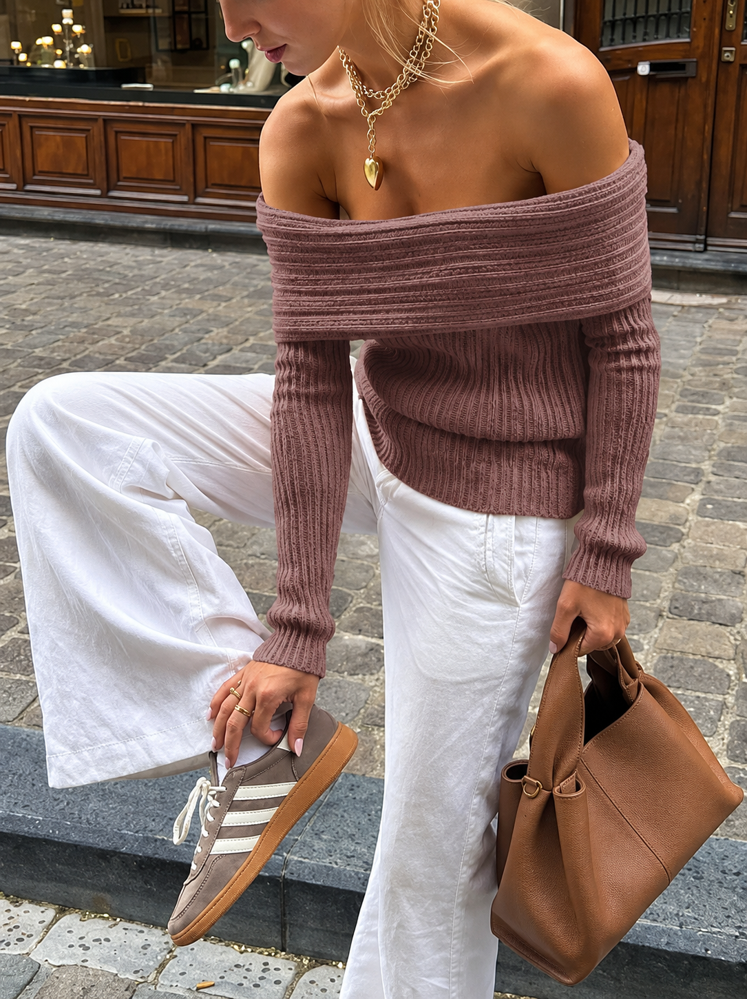 Off-Shoulder Ribbed Knit Sweater
