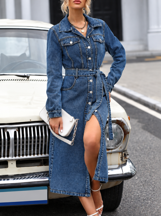 Belted Long Sleeve Denim Dress