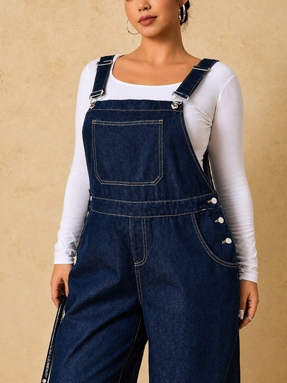 Plus Size Adjustable Strap Wide-Leg Denim Overalls