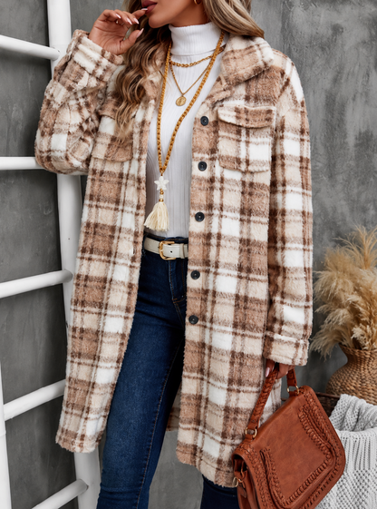Plaid Fleece Button Up Longline Outerwear