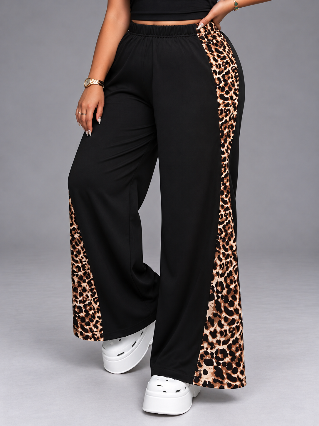 Plus Size Leopard Print Wide Leg Pants