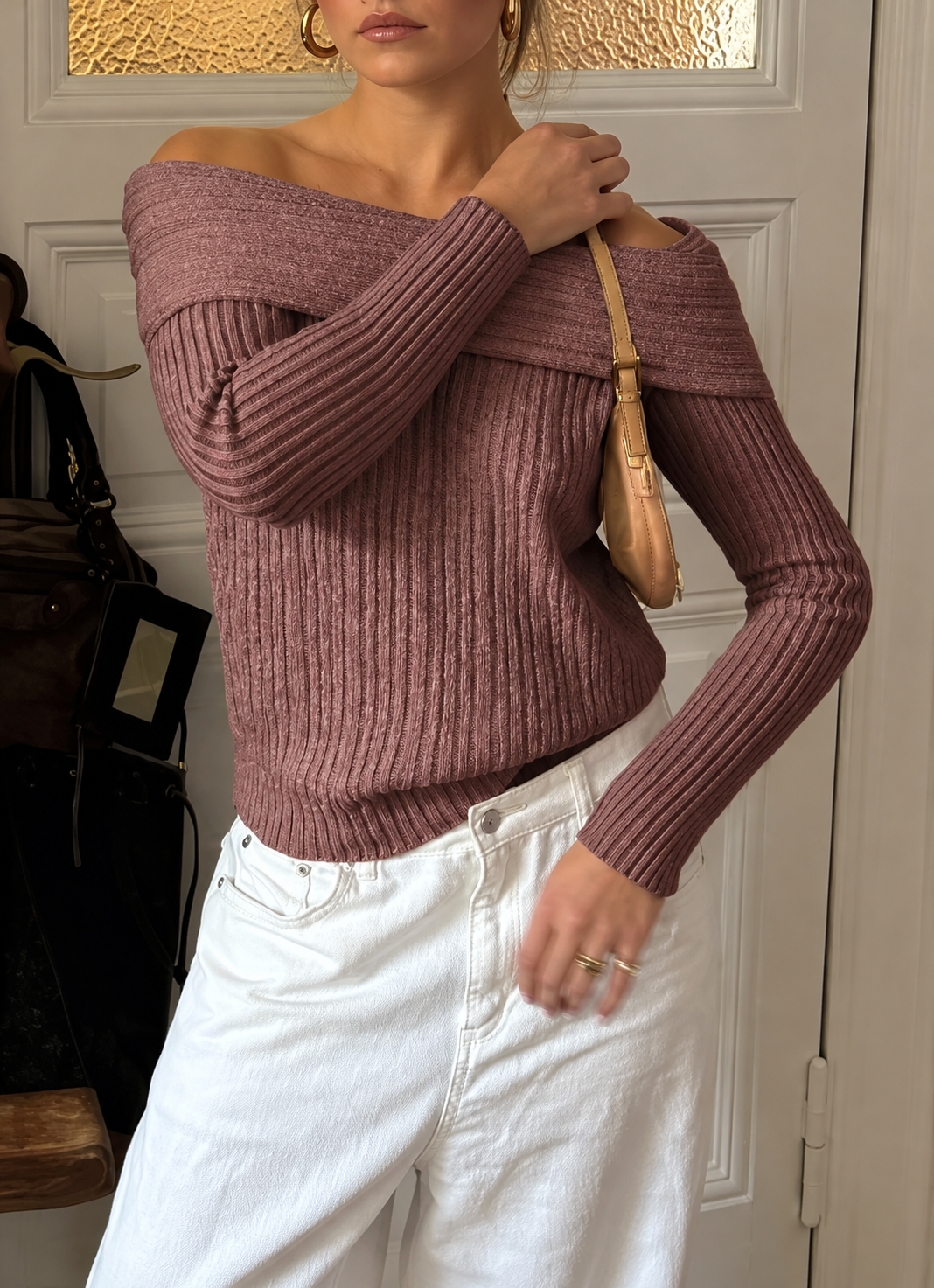Off-Shoulder Ribbed Knit Sweater