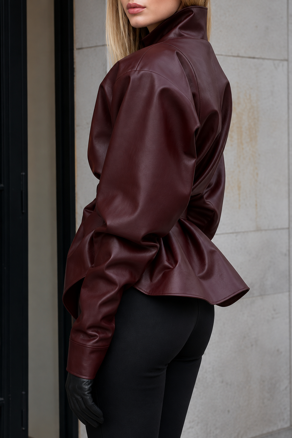 Stand Collar Belted Faux Leather Jacket