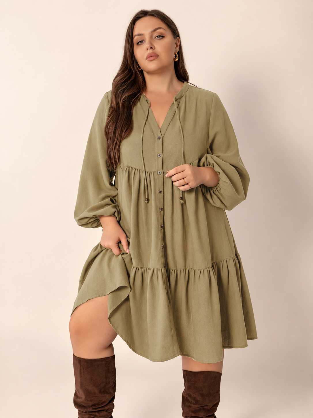 Plus Size Tie Neck Balloon Sleeve Dress