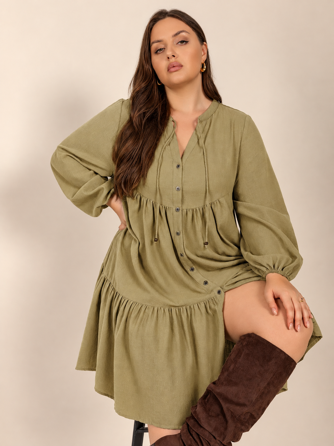 Plus Size Tie Neck Balloon Sleeve Dress