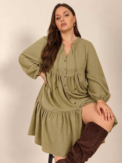 Plus Size Tie Neck Balloon Sleeve Dress