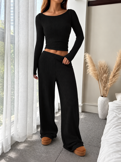Ribbed Knit Boat Neck Top and Pants Set