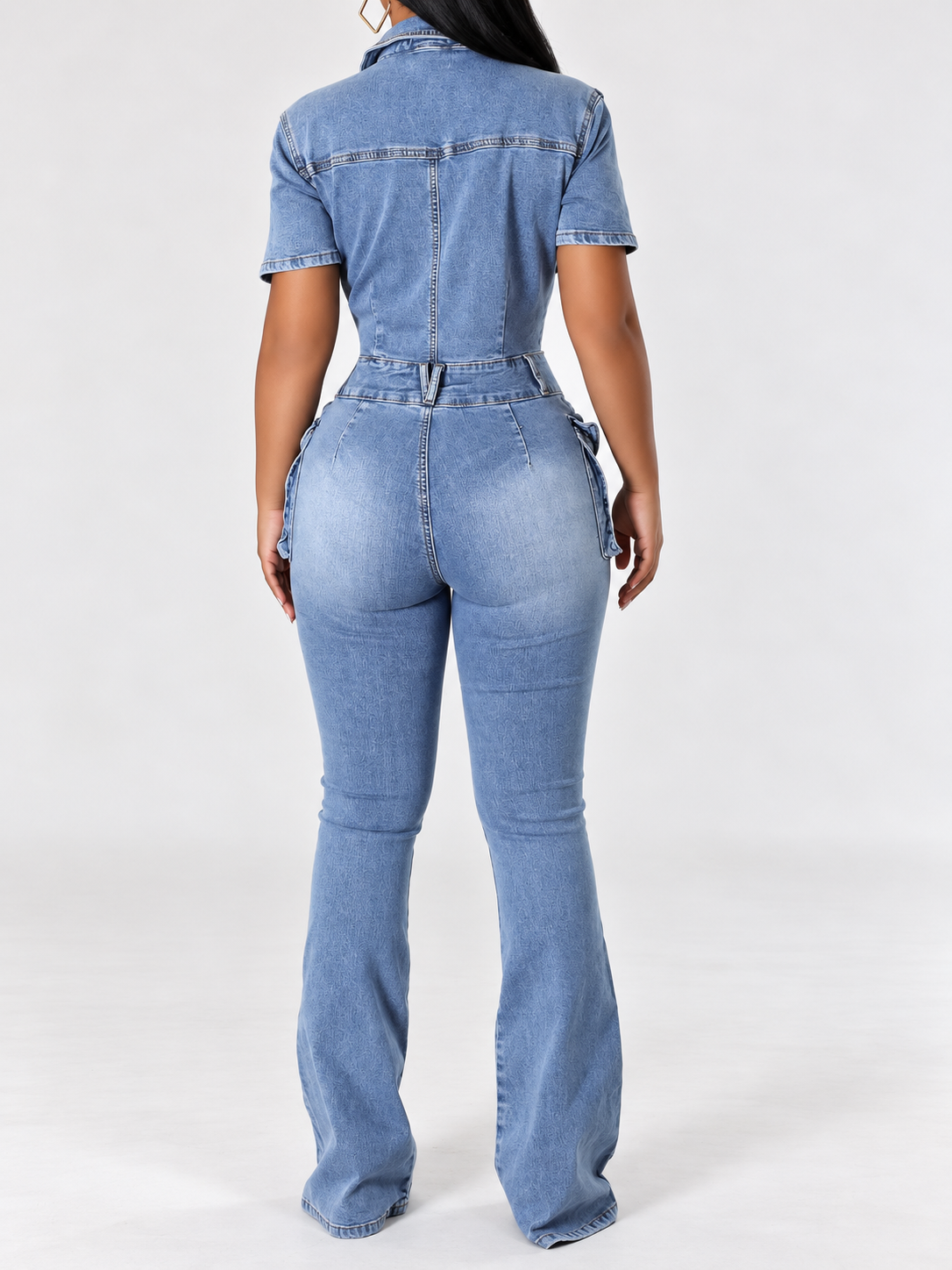 Slim-Fit Denim Jumpsuit with Utility Cargo Pockets and Flared Legs