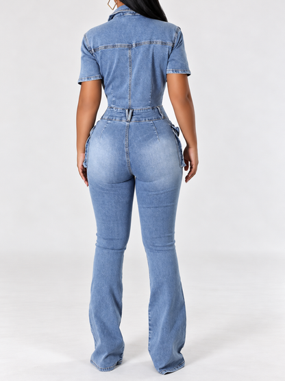 Slim-Fit Denim Jumpsuit with Utility Cargo Pockets and Flared Legs