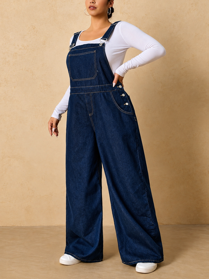 Plus Size Adjustable Strap Wide-Leg Denim Overalls