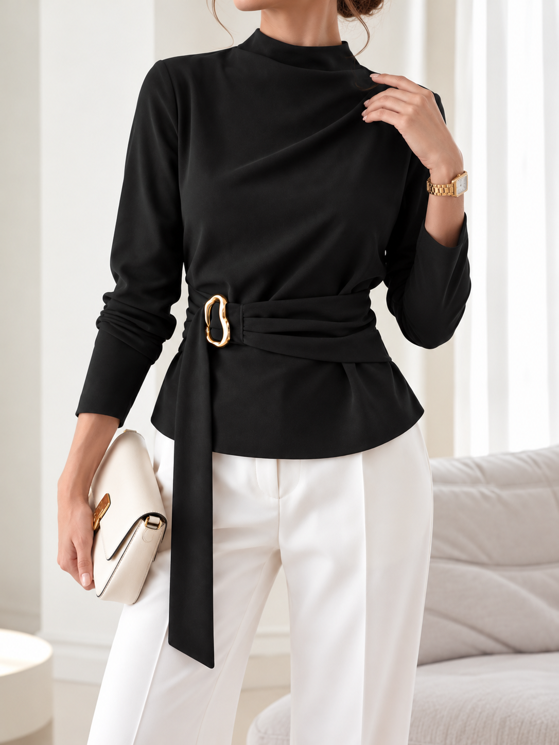 Mock Neck Blouse with Waist-Defining Metal Buckle Detail