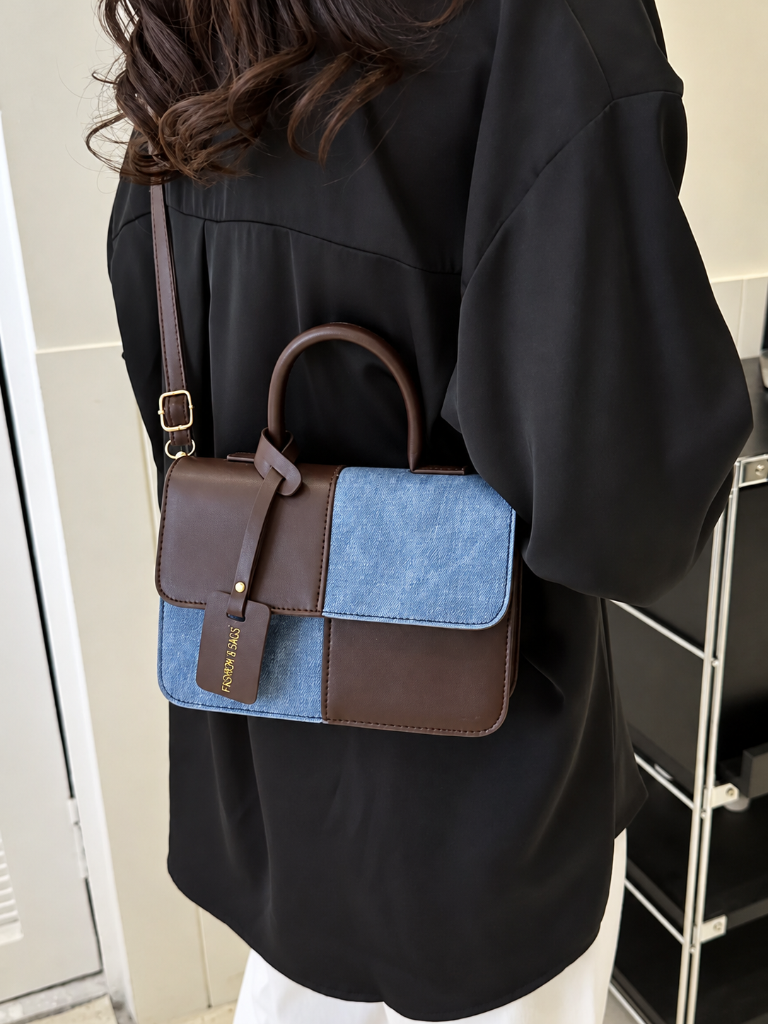 Two-Tone PU Leather Crossbody Bag
