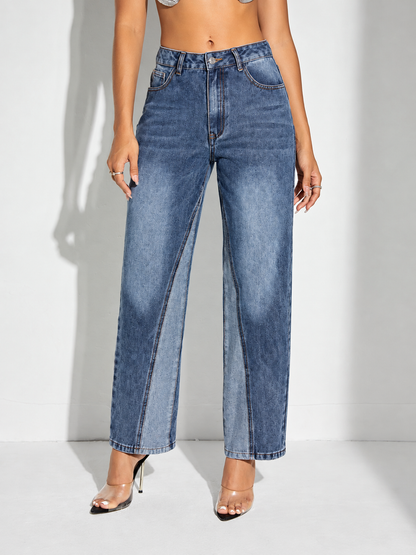 Contrast Patchwork Straight Jeans with Pockets