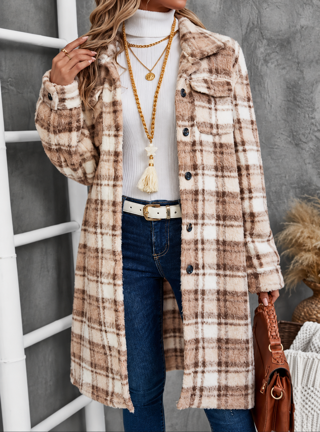 Plaid Fleece Button Up Longline Outerwear