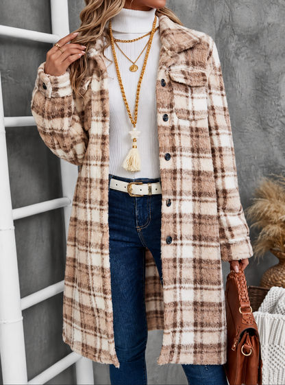 Plaid Fleece Button Up Longline Outerwear