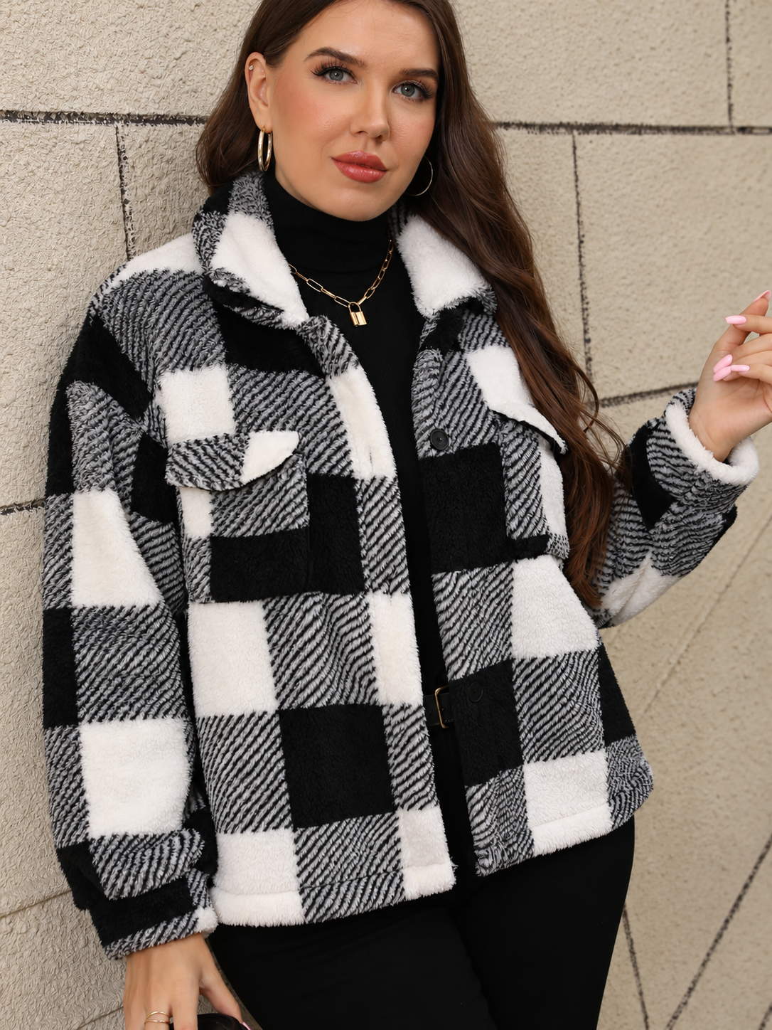 Plus Size Pocketed Plaid Collared Neck Jacket