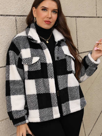 Plus Size Pocketed Plaid Collared Neck Jacket