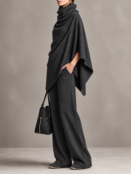 Full Size Turtleneck Poncho and Wide-Leg Pants Set( Plus Size included)