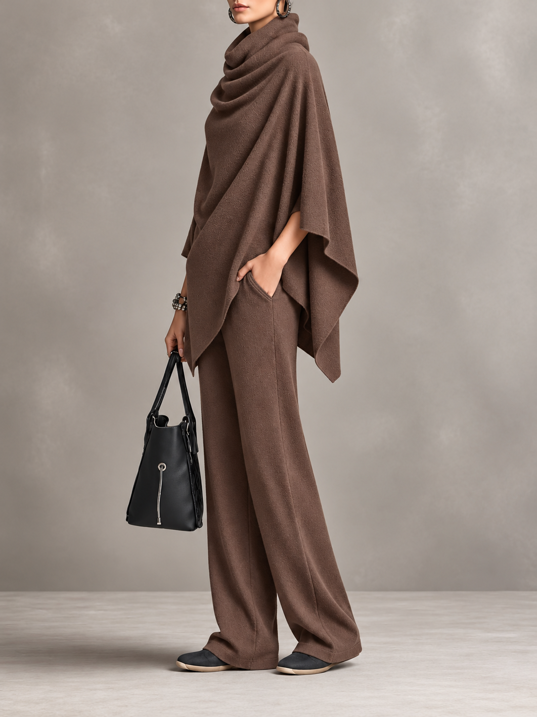 Full Size Turtleneck Poncho and Wide-Leg Pants Set( Plus Size included)