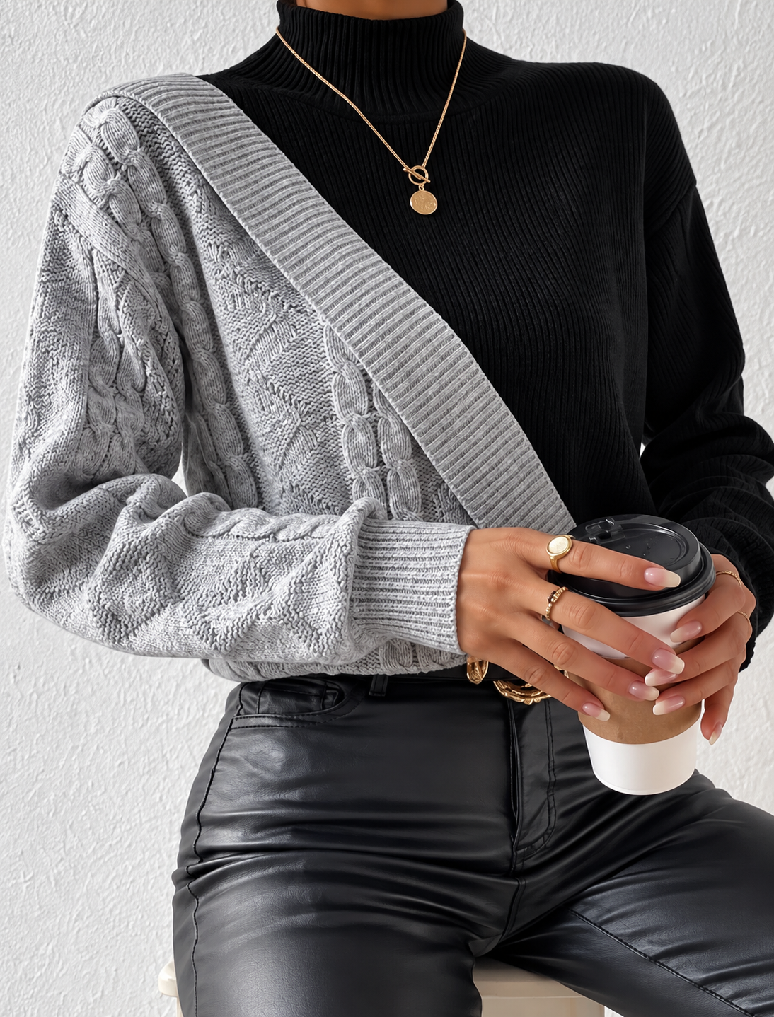 Color Block Cable Knit Mock Neck Sweater