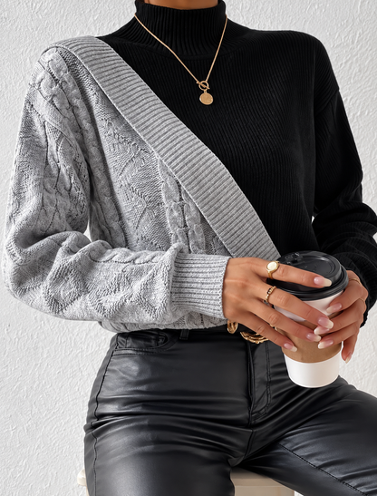 Color Block Cable Knit Mock Neck Sweater