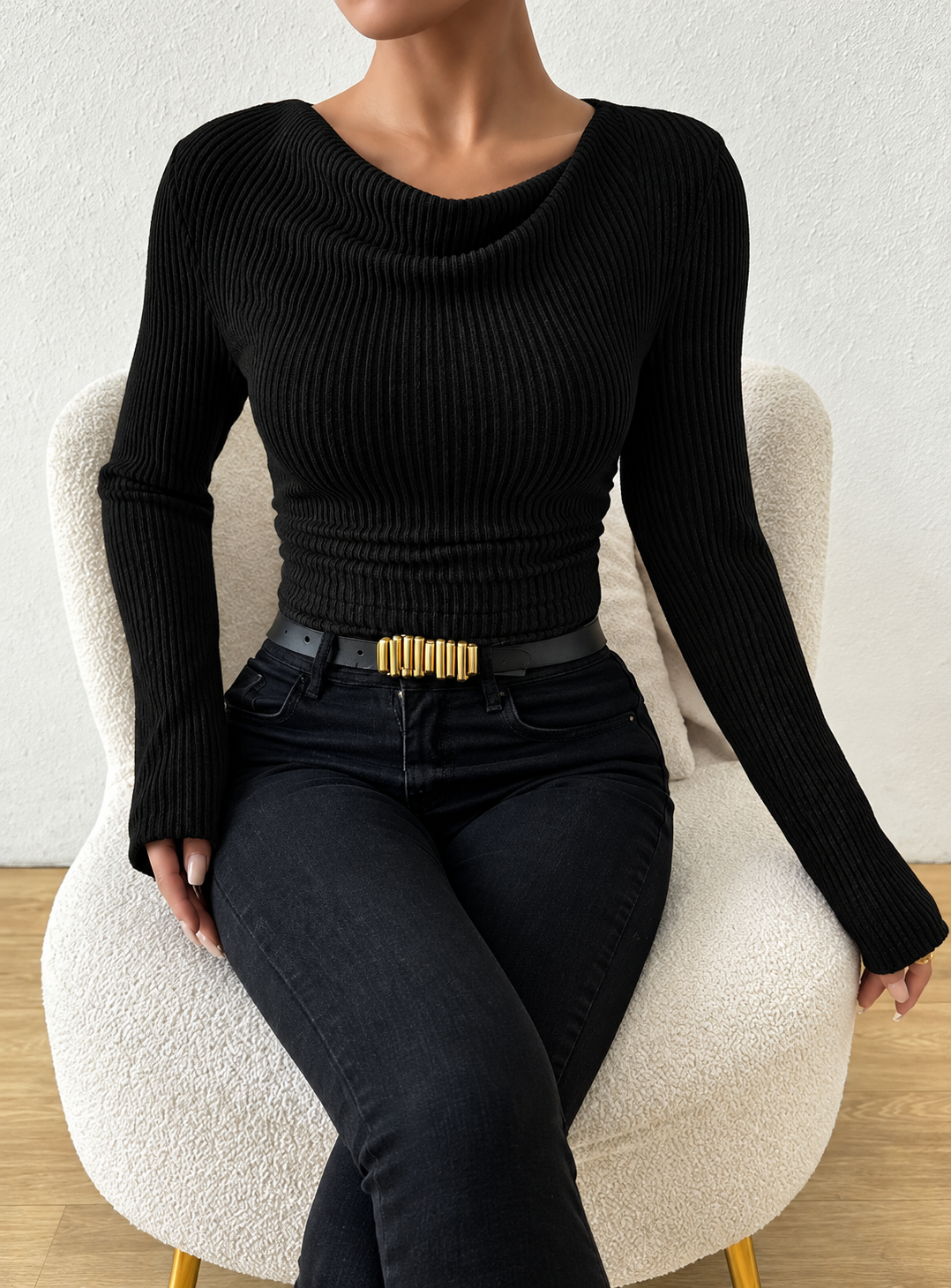 Cowl Neck Ribbed Knit Top