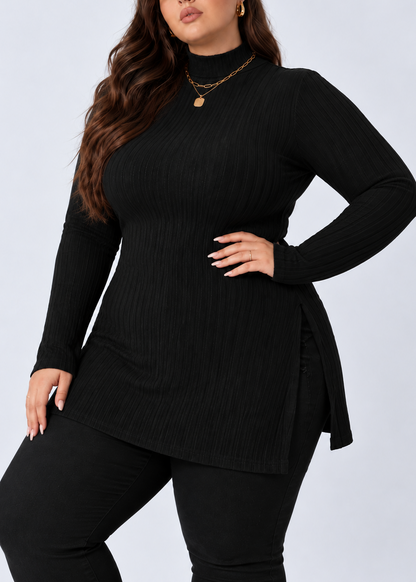 Plus Size Slit Ribbed Turtleneck Long Sleeve T-Shirt