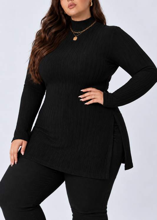 Plus Size Slit Ribbed Turtleneck Long Sleeve T-Shirt