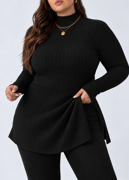 Plus Size Slit Ribbed Turtleneck Long Sleeve T-Shirt