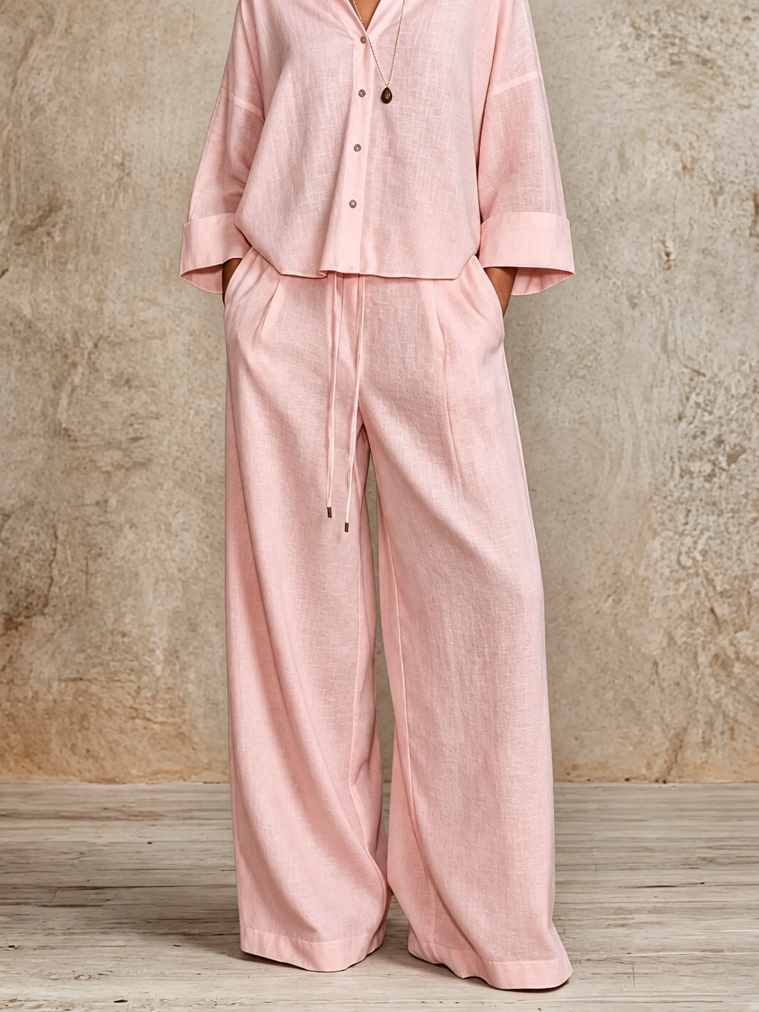 Full Size Button-Down Shirt and Wide-Leg Pants Set (Plus Size included)