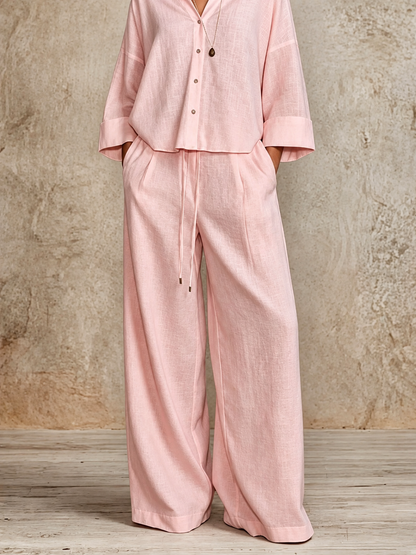 Full Size Button-Down Shirt and Wide-Leg Pants Set (Plus Size included)