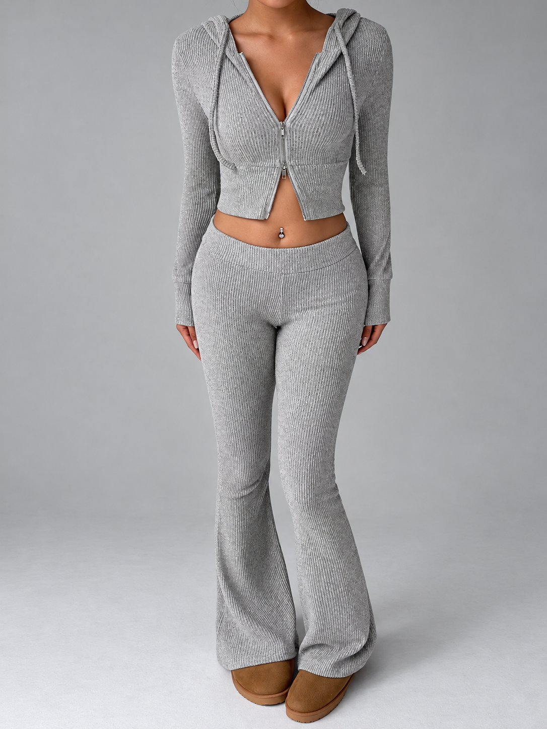 Ribbed Knit Zip-Up Hooded Top and Flared Pants Set