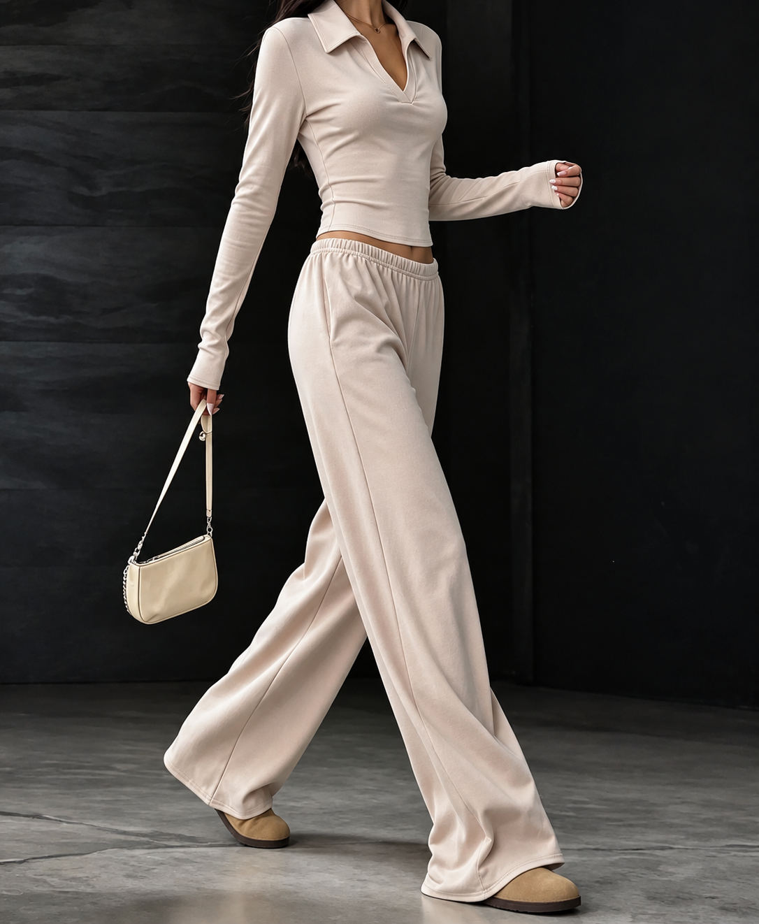 Long-Sleeve Polo Top and Wide-Leg Pants Set