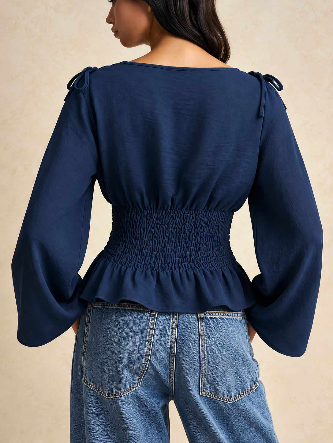 Smocked Waist Flare Sleeve Blouse
