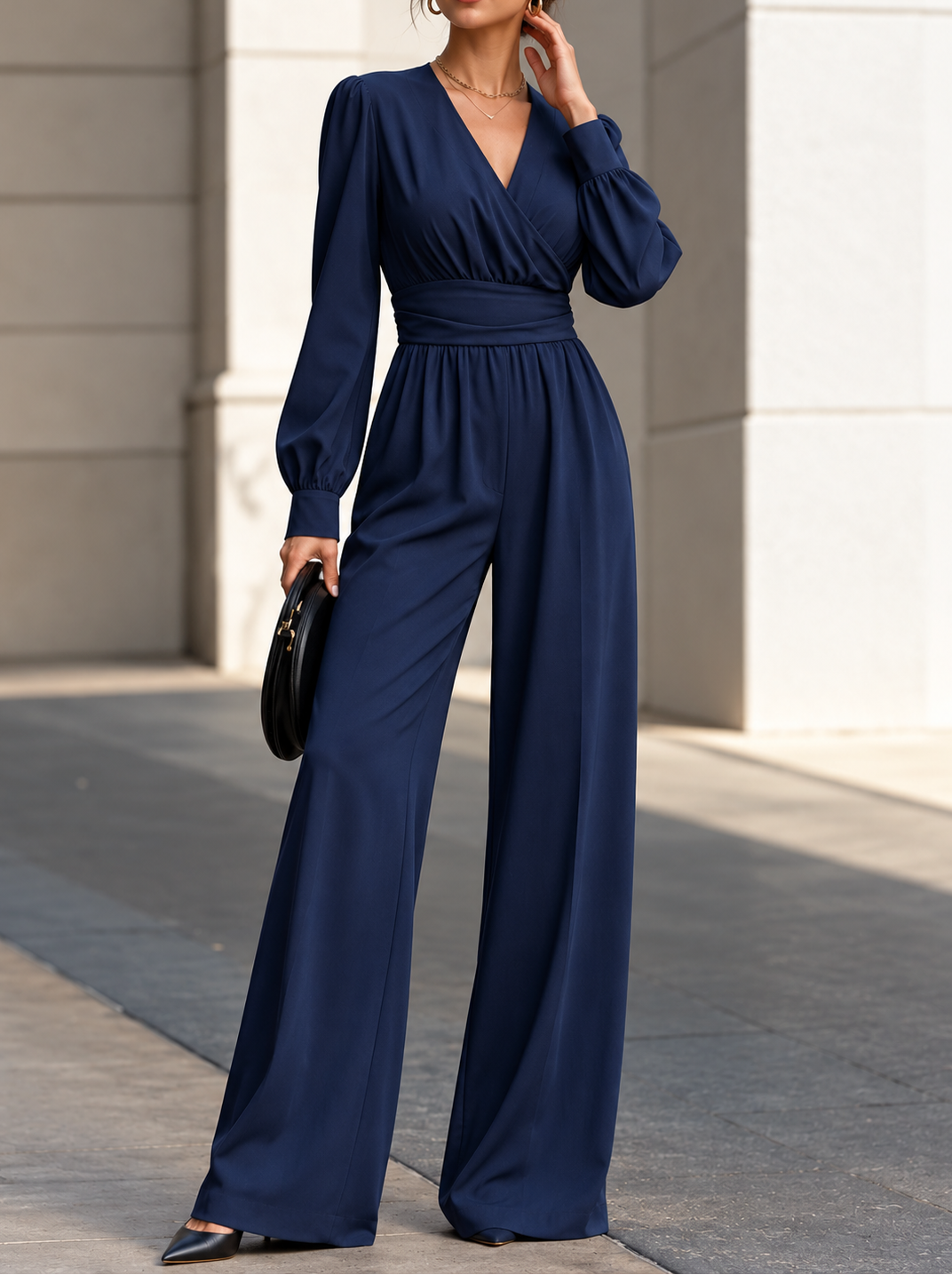 Surplice Long Sleeve Wide-Leg Jumpsuit