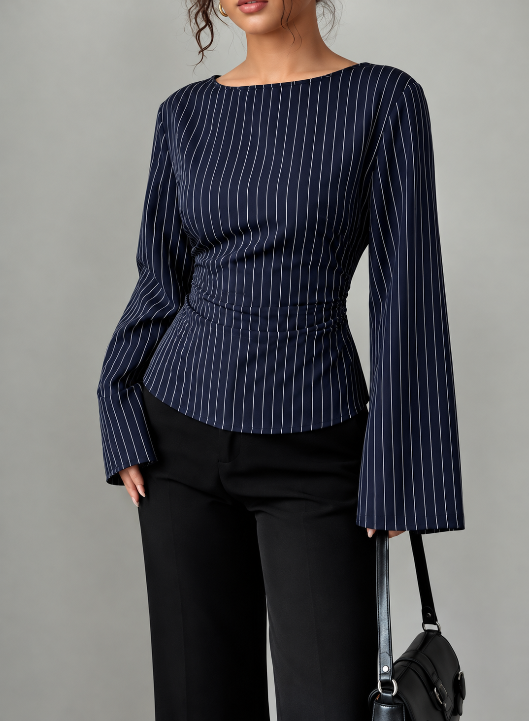 Elegant Pinstriped Bell Sleeve Blouse with Back Lace Up
