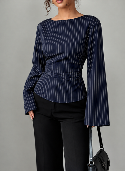 Elegant Pinstriped Bell Sleeve Blouse with Back Lace Up