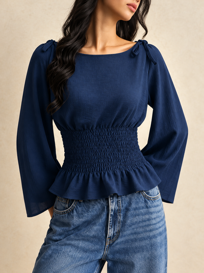 Smocked Waist Flare Sleeve Blouse